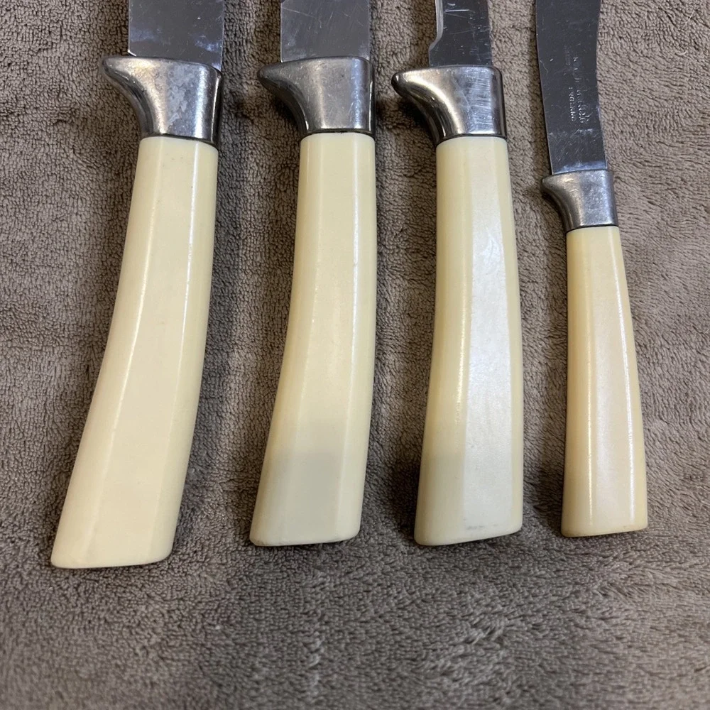Vintage 4pc Regent Sheffield England Stainless Steel Knife Set Cream Handles MCM